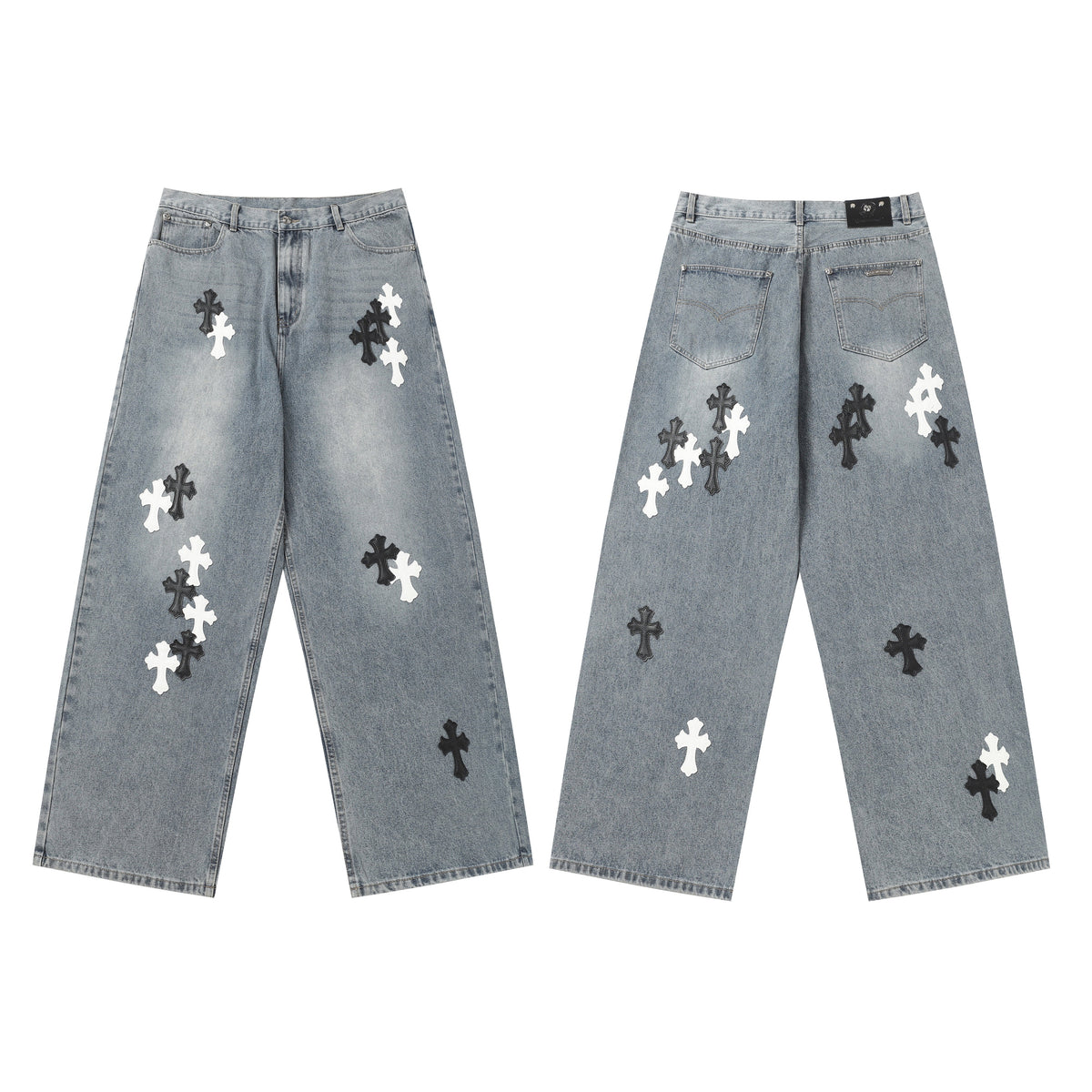 Chrome Hearts White & black Leather Cross Patches Jeans