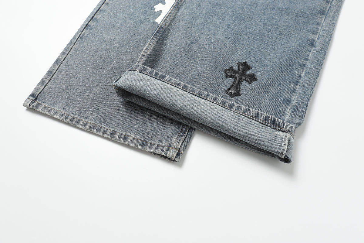 Chrome Hearts White & black Leather Cross Patches Jeans