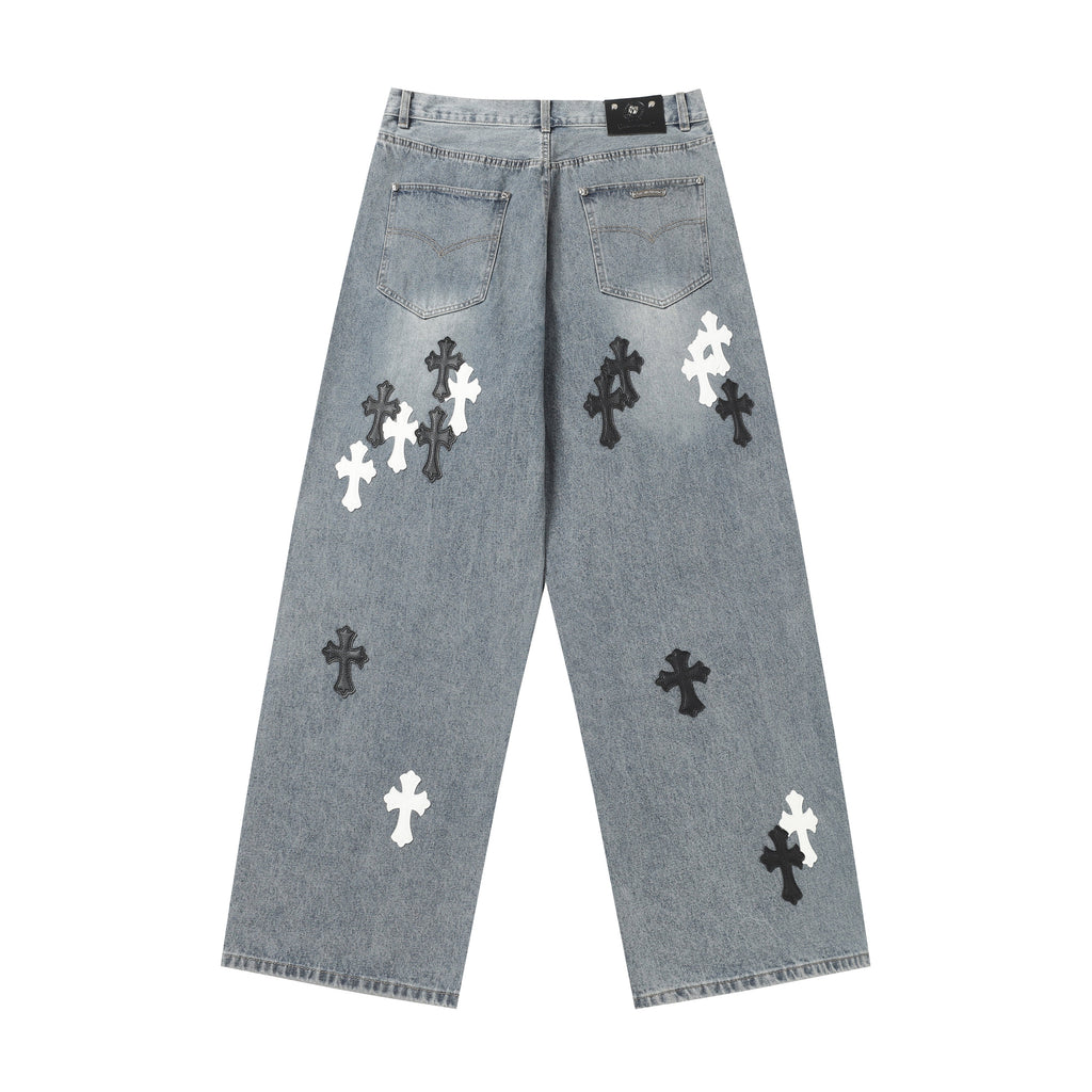 Chrome Hearts White & black Leather Cross Patches Jeans