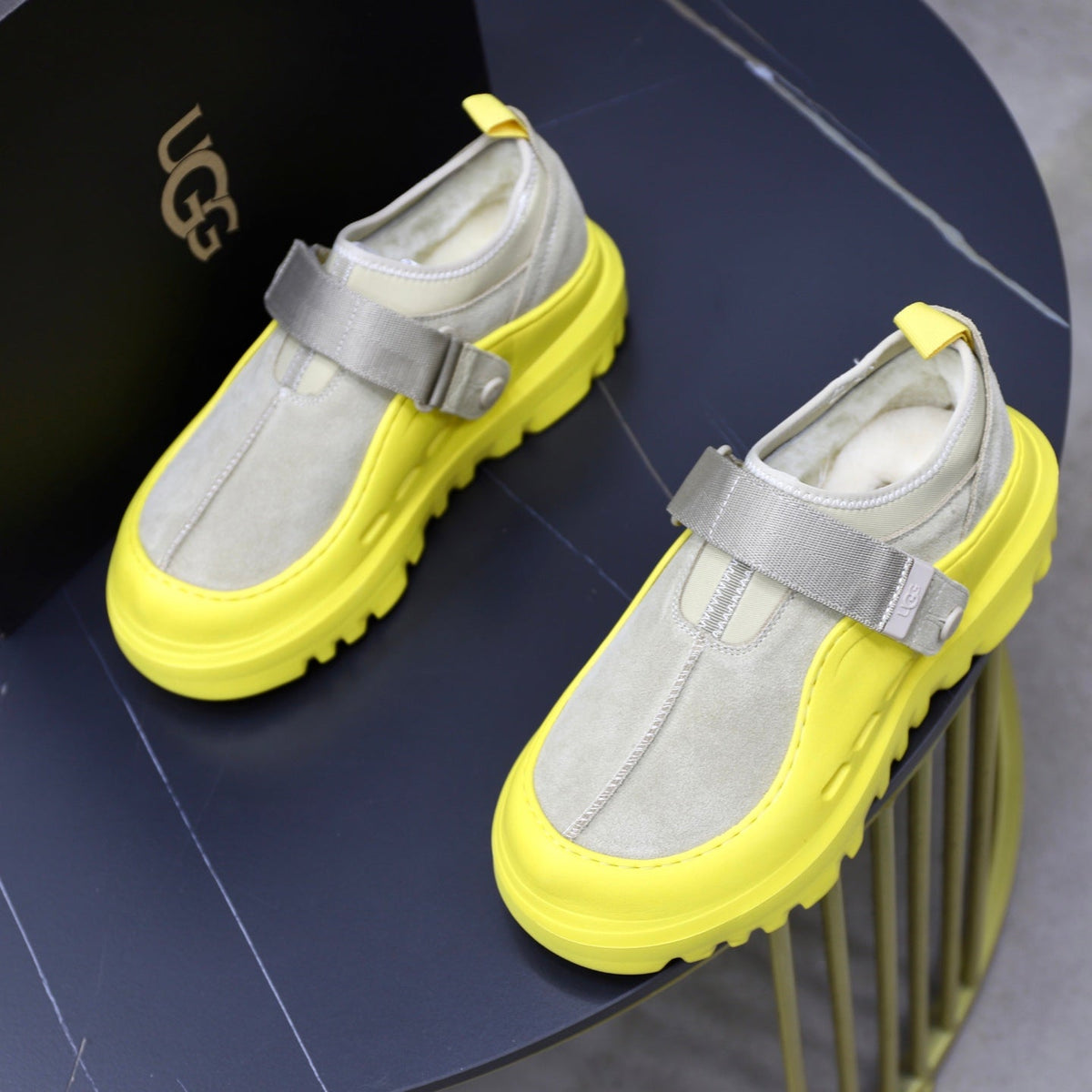 UGG Gray Neon-Yellow Strap Platform Shoes