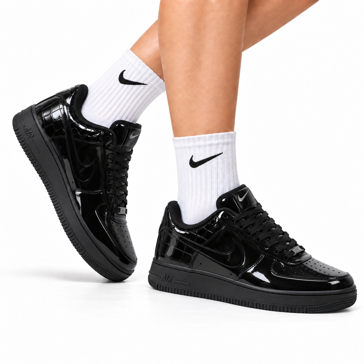 Nike Air Force 1 Low Black Patent Tonal Unisex Sneakers Style 04