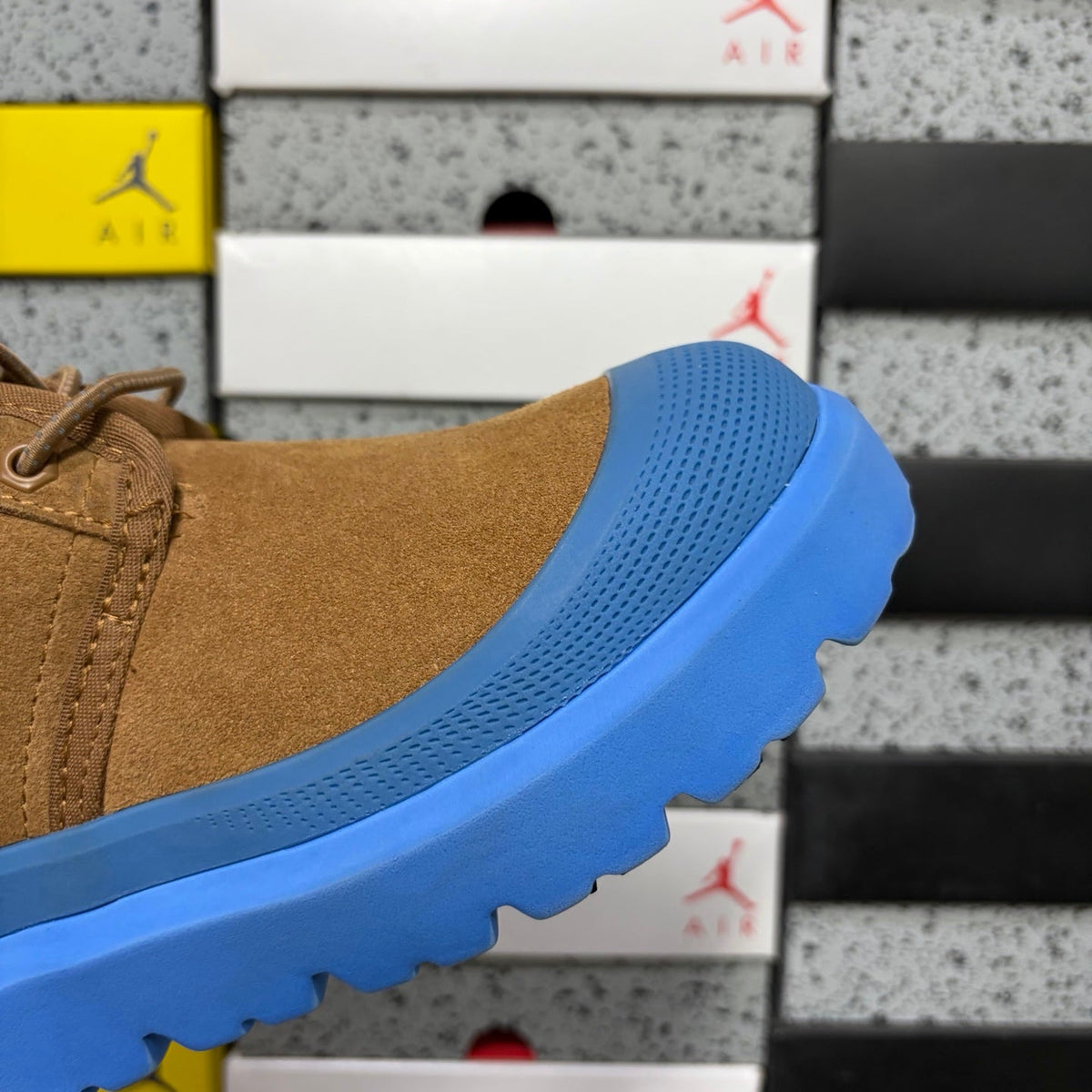 UGG Lace-Up Hiker Chukka Boot – Suede Boot with Blue Lug Sole, Knit Collar & Blue Eyelets in Tan