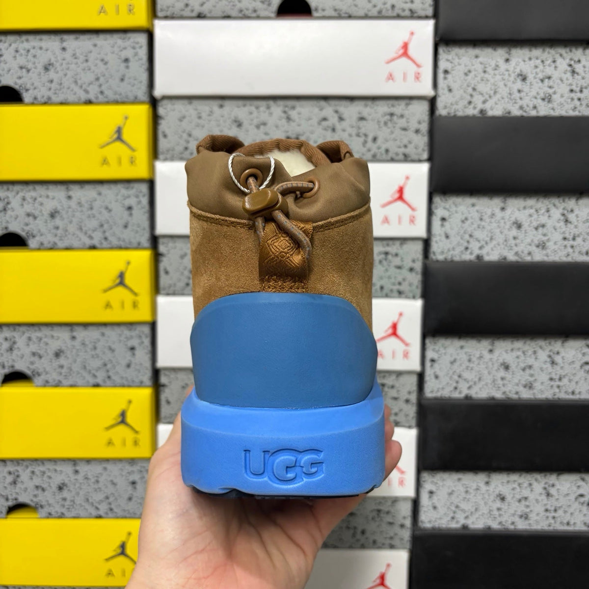 UGG Lace-Up Hiker Chukka Boot – Suede Boot with Blue Lug Sole, Knit Collar & Blue Eyelets in Tan