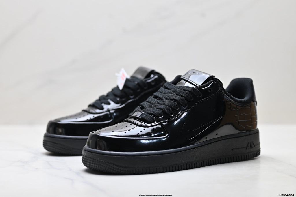 Nike Air Force 1 Low Black Patent Tonal Unisex Sneakers Style 04