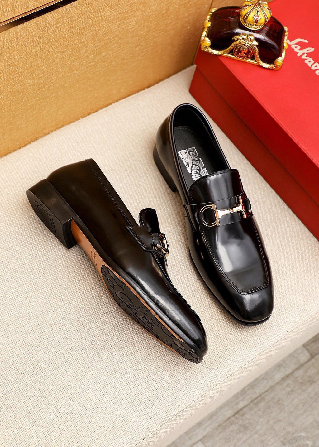 Ferragamo Black Buckle Loafers - Metallic Vamp Buckle