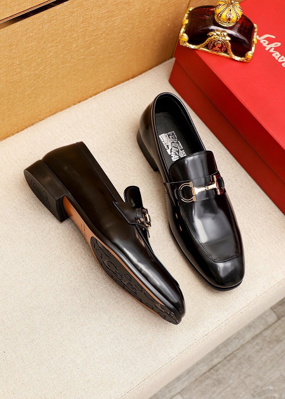 Ferragamo Black Buckle Loafers - Metallic Vamp Buckle