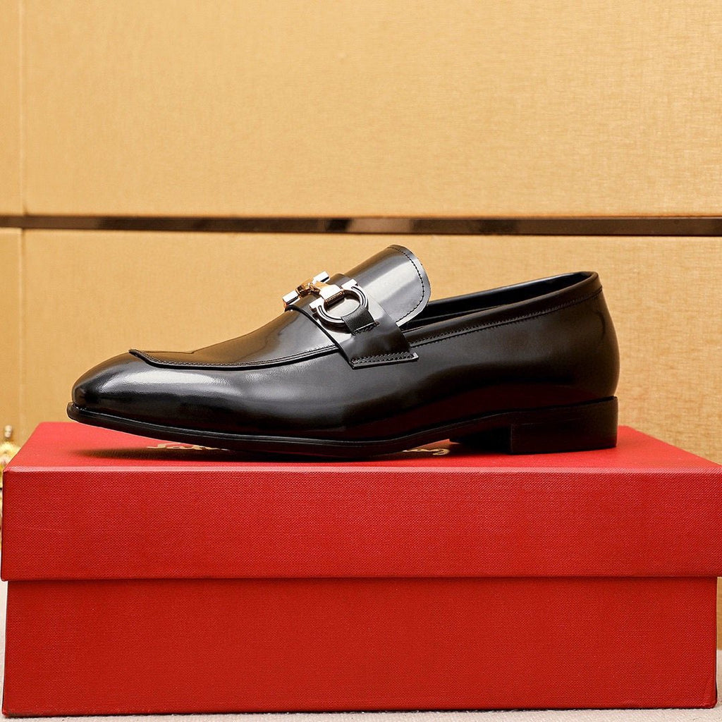 Ferragamo Black Buckle Loafers - Metallic Vamp Buckle