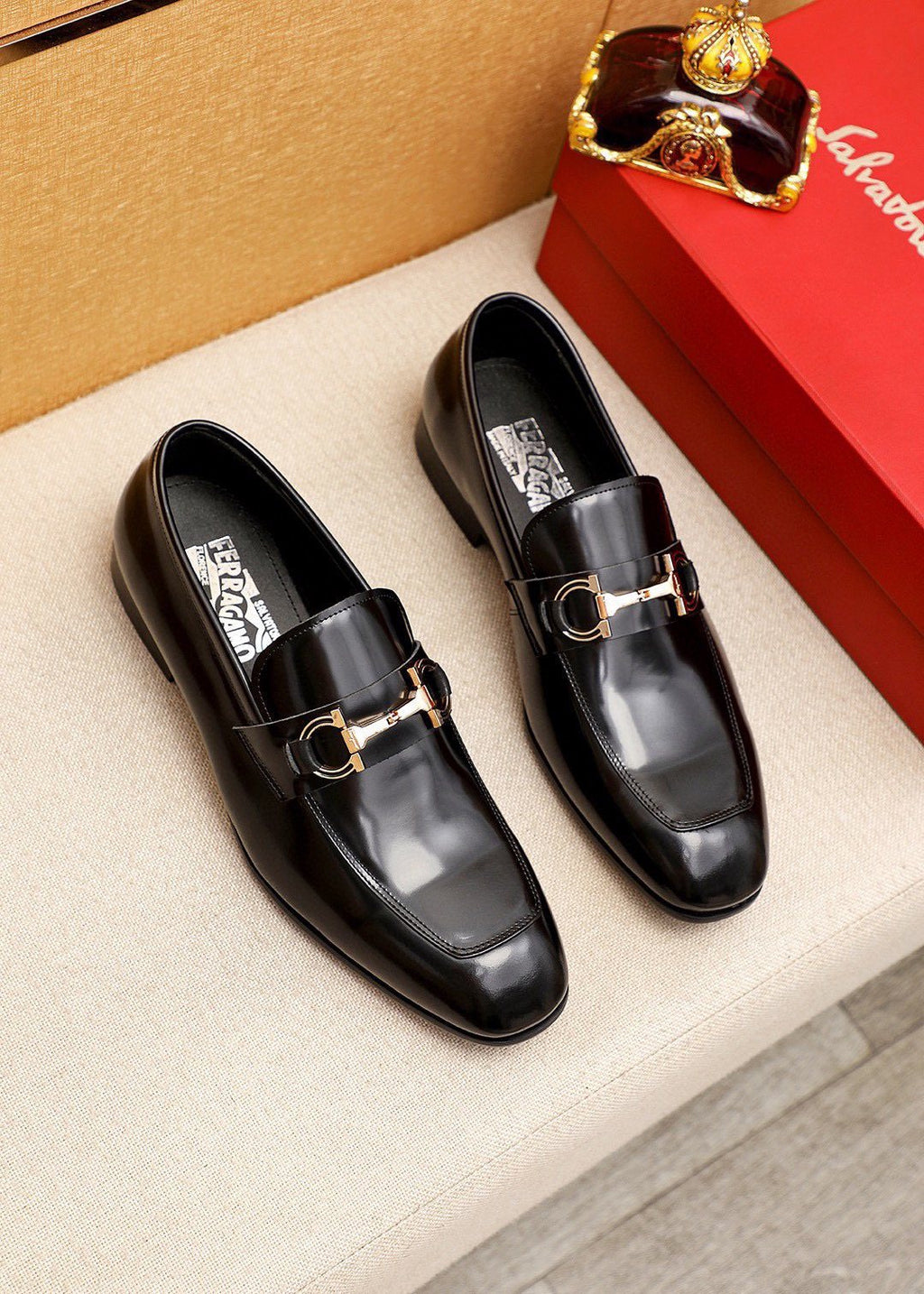 Ferragamo Black Buckle Loafers - Metallic Vamp Buckle