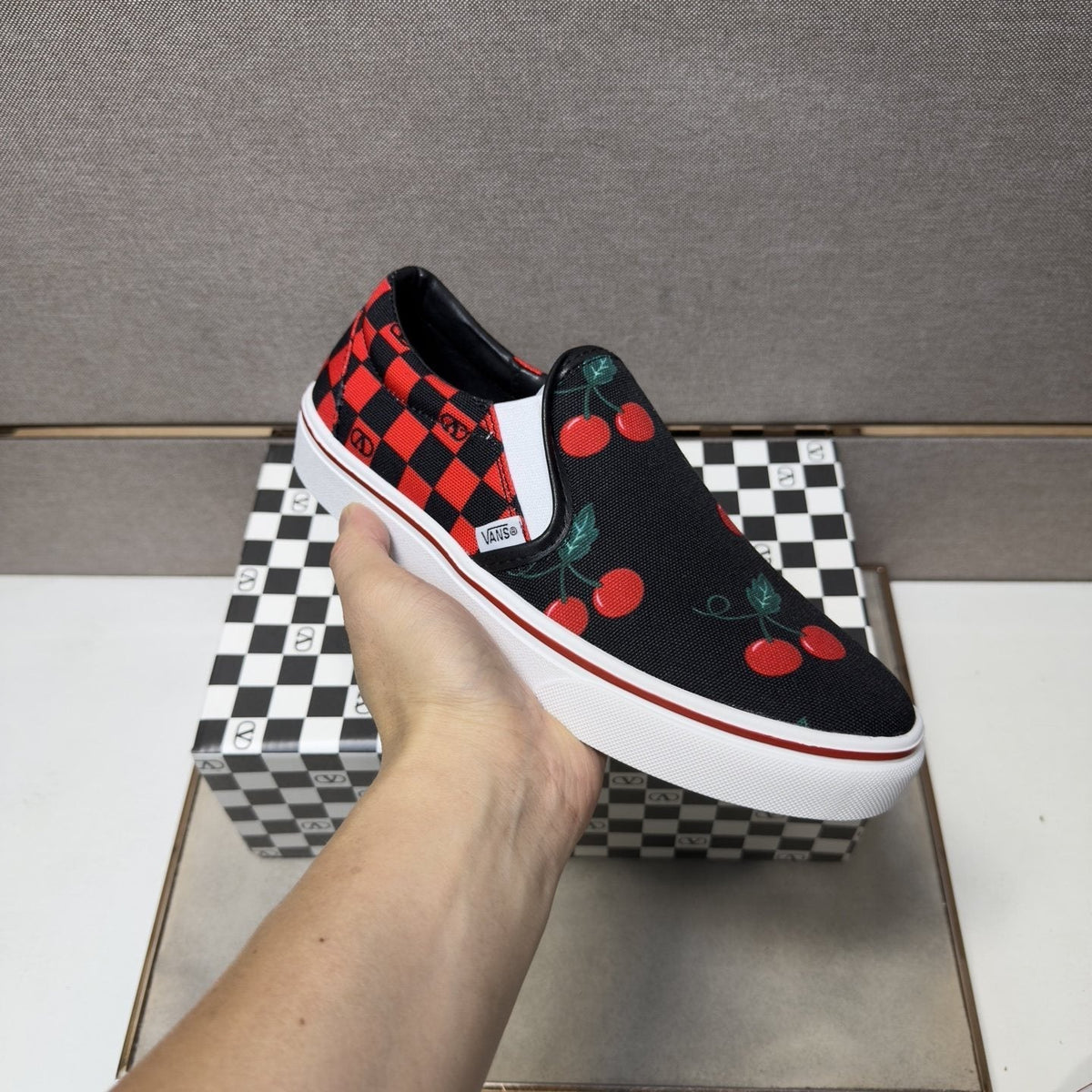 Vans Men's Cherry Checkerboard Slip-On Shoes - Black, Red & White