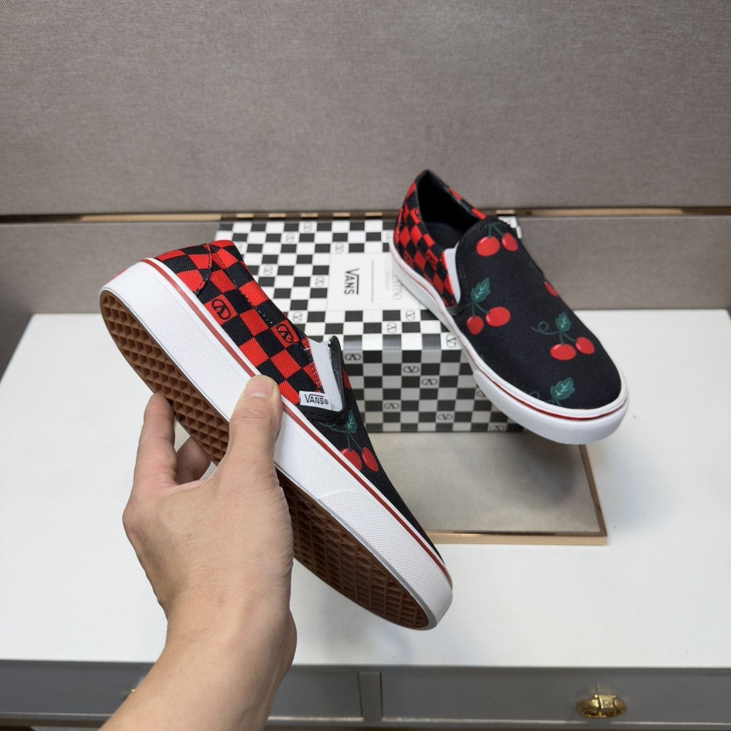 Vans Men's Cherry Checkerboard Slip-On Shoes - Black, Red & White