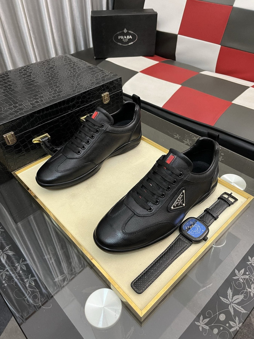 Prada Black Lace-Up Sneakers with Red Tab
