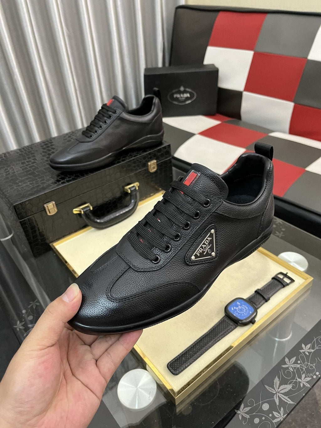 Prada Black Lace-Up Sneakers with Red Tab
