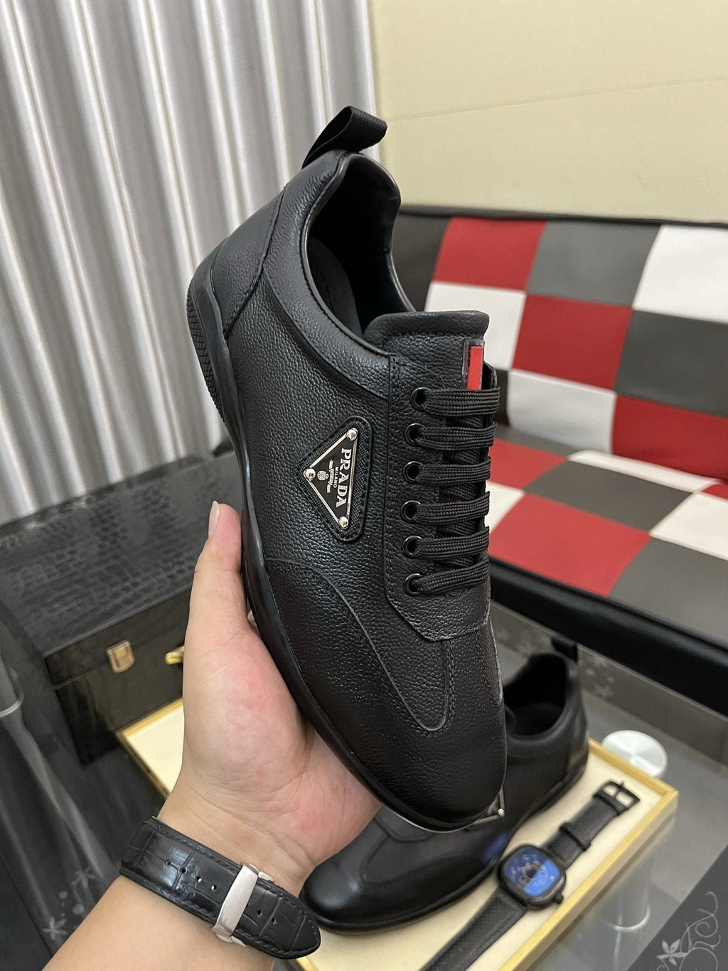 Prada Black Lace-Up Sneakers with Red Tab