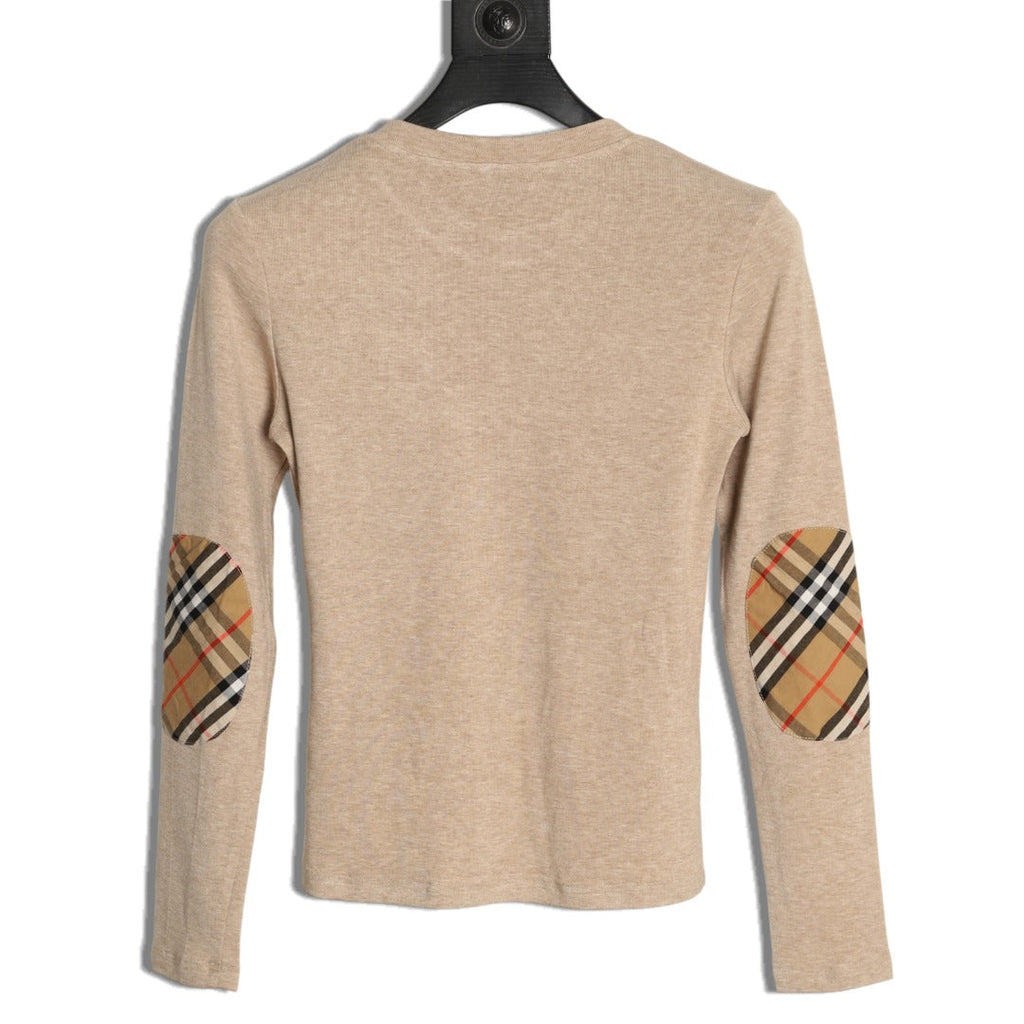 Burberry Equestrian-Detail Check Elbow-Patch Long-Sleeve Top - Light Taupe