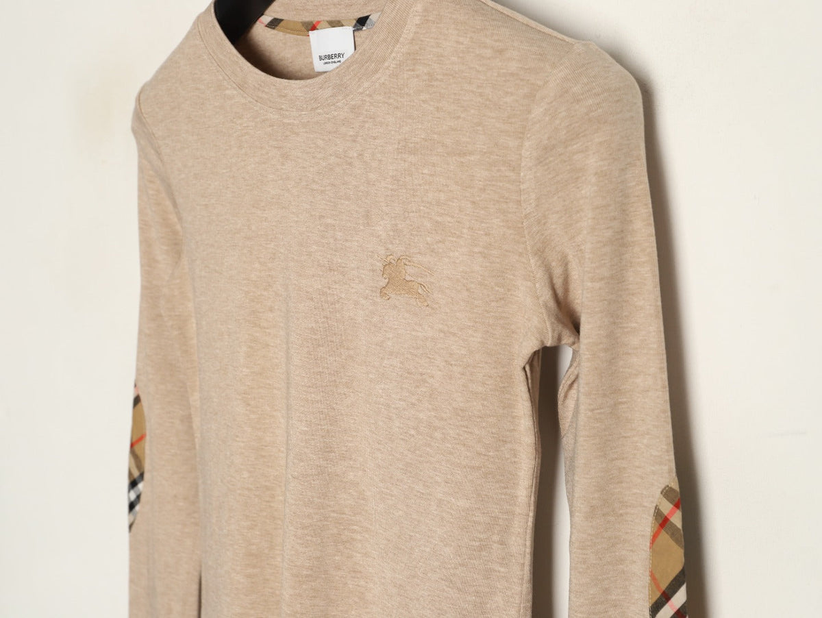 Burberry Equestrian-Detail Check Elbow-Patch Long-Sleeve Top - Light Taupe